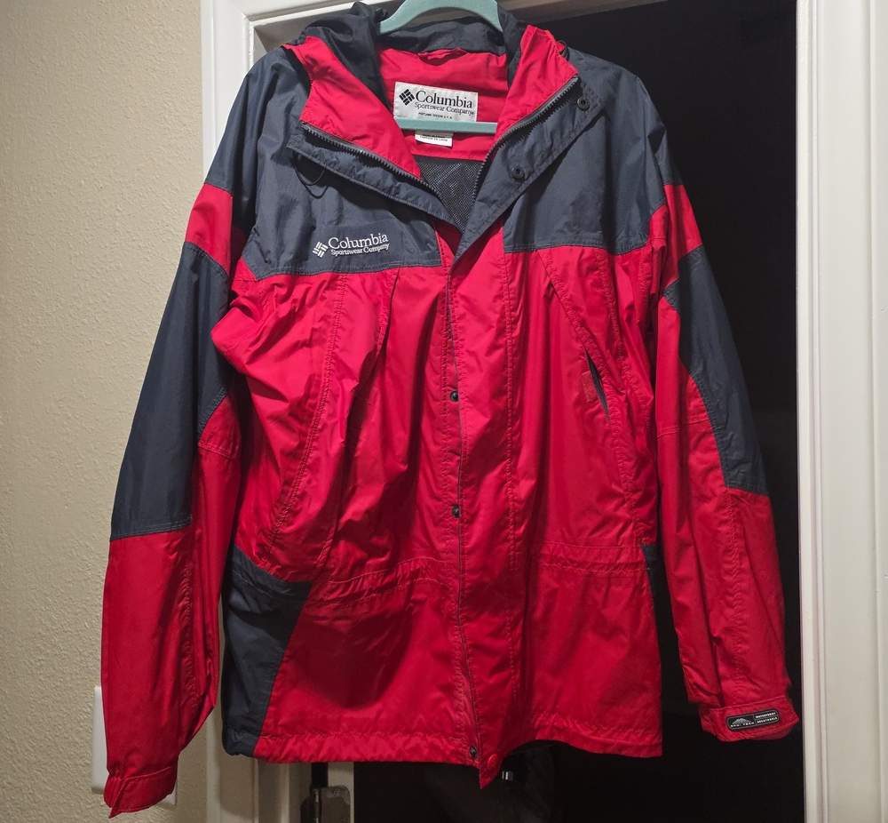 Columbia Red and Gray Hooded Rain Jacket